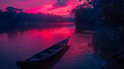 Boat on river, fluorescent lights, neon light, night, red sky