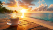 a selective focus picture of a cup of coffee on wooden table in the morning sunrise