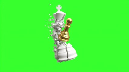 Wall Mural - chess pawn destroying competitor white king pieces, chess pieces isolate on chroma key background.