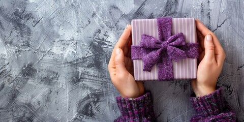 Wall Mural - Female hands carefully holding a purple wrapped gift box