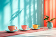 Pastel colors cup of tea on the soft background at the window with shadow. modern beverage image