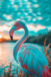 Bright albino flamingo stands gracefully on nature, toned image
