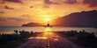 Airplane landing over a tropical beach airport at sunset .Vacation getaway concept