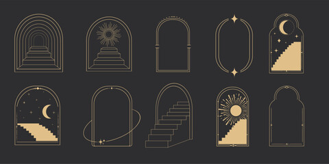 Wall Mural - golden thin line arch frame door stairs, sun and stars, mystic portal, astrology border, decoration,