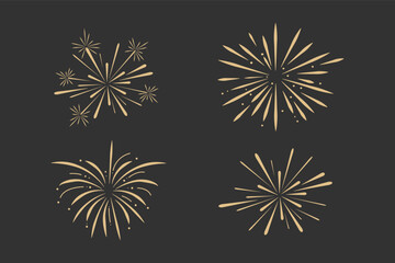 Wall Mural - Set gold fireworks, firecrackers golden burst, rays festive doodle sparkle lights isolated on dark background.Celebration, Party Icon, Anniversary, New Year Eve, independence