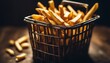 Crispy golden French fries in a metal basket on a dark wooden table.