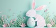 A paper rabbit is holding a colorful Easter egg and a beautiful flower to celebrate the happy event of Easter. The creative arts of plant and organism adaptation can be seen in this artwork AIG42E