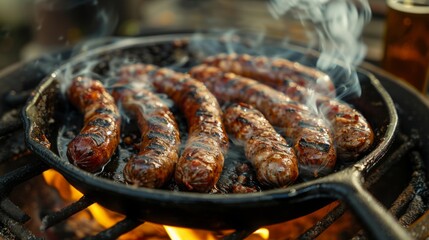 Sizzling sausages in a pan with rising steam.