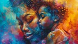 Fototapeta  - A black mother tenderly holding her child depicted with a palette of warm and nurturing colors in 3D embossed dots