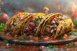 Fiery Feast of Flavors: Char-Grilled Tacos Overflowing with Savory Fillings and Fresh Garnishes in a Cinco de Mayo Celebration

