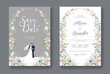 Wedding Invitation, save the date, card template. Vector. The bride and groom was standing between an arch of beautiful flowers.