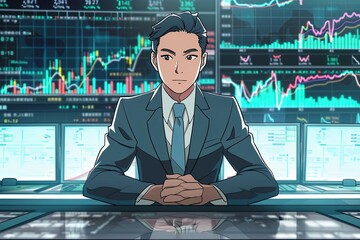 Poster - A man is seated at a desk, facing a computer monitor. He appears to be working or researching, with a focused expression. Generative AI