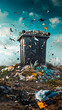 A vivid depiction of a garbage bin overflowing with trash as seagulls scavenge, symbolizing pollution and waste in the environment