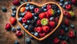 A heart-shaped bowl overflows with fresh berries and fruits against a rustic wooden backdrop, bursting with vibrant colors.