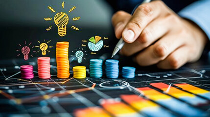 Wall Mural - a person analyzing colorful financial growth charts with a pen, depicting strategic investment plann