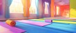 A room in a building filled with colorful mats, including a yoga mat on the floor. The flooring is wooden and the mats add a fun and recreational element. One mat stands out in magenta
