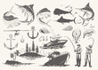Hand Drawn Ocean Fishing Set Illustration in Vintage Style Collection