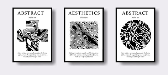 Poster - Set of modern abstract posters with geometrical textured shapes. Contemporary zentangle style. 