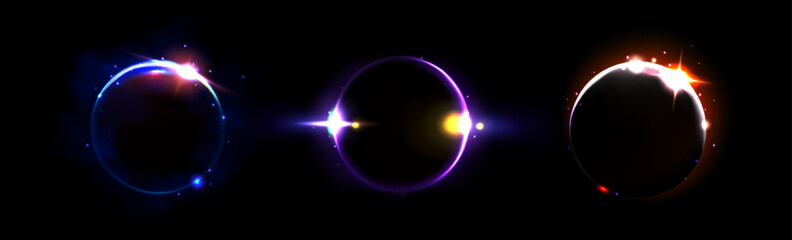 Wall Mural - solar eclipse and moon light neon ring vector. fire glow in halo. galaxy effect on fantasy sphere in