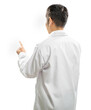 Doctor wear white lab coat finger point rear view isolate