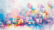 Soft watercolor hues bring to life an array of gift boxes and balloons  their ribbons dancing lightly on a white canvas