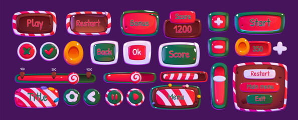Poster - Christmas game ui button and frame winter element. Candy and cookie play interface gui badge cartoon. Level bar, board and holiday shop panel icon set. Loading and progress signboard web template