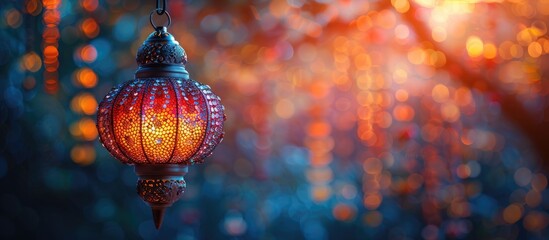 Canvas Print - A macro photography shot of an electric blue lantern hanging from a tree at night, serving as a beautiful Christmas ornament for the event