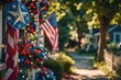 Patriotic decorations adorn a neighborhood for the Fourth of July.