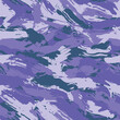 Camouflage modern fashion design. Hand drawn violet camo with brush strokes. Purple shade color, fashionable, fabric. Seamless grunge pattern. Vector	