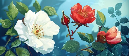 Canvas Print - An art piece depicting two roses, one white and one red, against a serene blue background. The painting captures the beauty of nature and the vibrant colors of the flowers