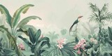 Fototapeta Pokój dzieciecy - wallpaper jungle and leaves tropical forest birds old drawing vintage - generative ai
