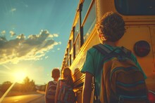 A Group Of Children Are Standing In Front Of A Yellow School Bus
