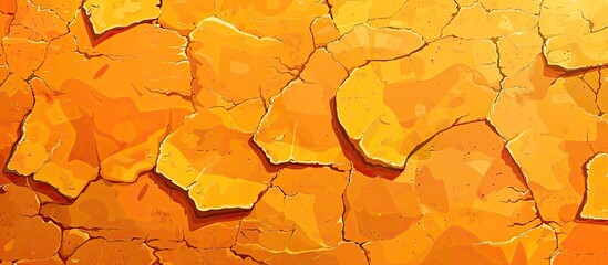 Poster - A close up of a cracked amberorange wall resembling wood grain. The unique pattern and shades make it an artful addition to any cuisine dish