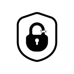 Poster - Black broken lock on shield vector icon. Weak protection concept icon. Broken lock logo. Simple insecurity icon. Vector illustration.