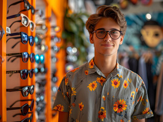 Wall Mural - a young man wearing glasses and a floral shirt is standing in front of a display of sunglasses