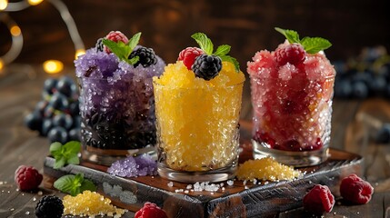 Wall Mural - Three chilled summer berry granitas in rustic glasses,served on a dark wooden board