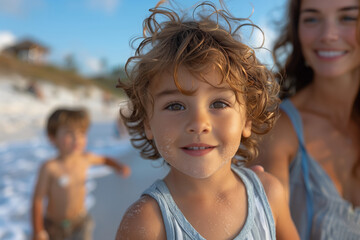 A woman and two children in swimwear are happily standing on the beach, smiling as they enjoy the sun, sky, and water. The toddler is having fun on this leisure travel day