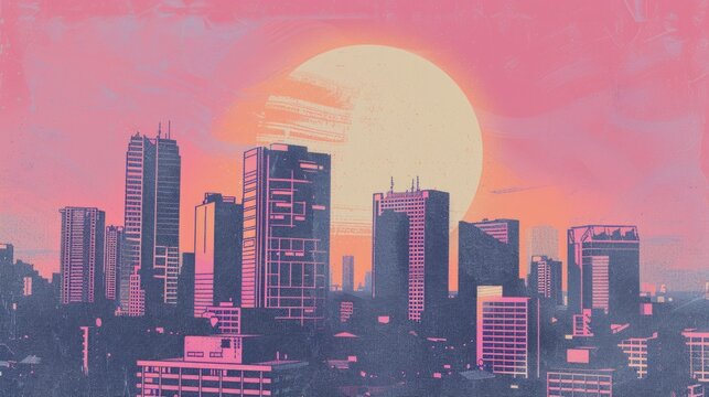 Retro-futuristic cityscape illustration with a large sun.