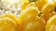 Yellow bell peppers with water drops, showcasing freshness and vitality with natural light and shadow on a soft background.
