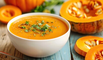 Wall Mural - White bowl of soup with sliced pumpkins