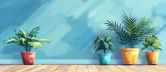 Canvas Print - Four potted plants are displayed on a wooden floor against a blue wall, creating a serene indoor landscape with a mix of houseplants and terrestrial plants