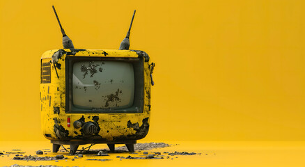 Retro old television on the pastel yellow background