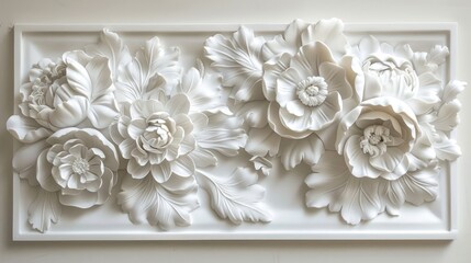 Sticker - White bas-relief of flowers on framed panel. 3D wall art and floral design concept.