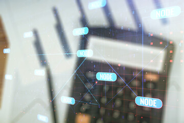 Aufkleber - Multi exposure of abstract creative coding sketch on calculator background, artificial intelligence and neural networks concept