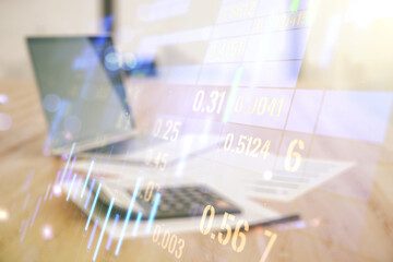 Poster - Double exposure of virtual creative financial diagram on calculator and pc background, banking and accounting concept