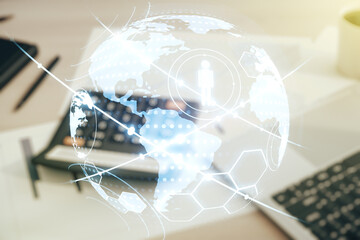 Poster - Virtual social network media hologram and world map on blurry calculator and computer background. Double exposure