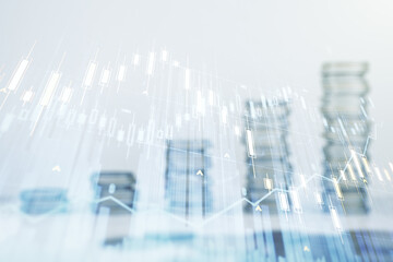 Poster - Abstract virtual financial graph hologram on coins background, financial and trading concept. Multiexposure