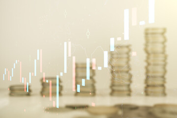 Aufkleber - Multi exposure of abstract virtual financial graph hologram on stacks of coins background, forex and investment concept