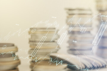 Poster - Abstract virtual financial graph hologram on stacks of coins background, forex and investment concept. Multiexposure