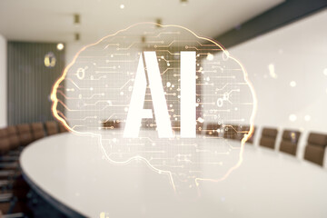 Poster - Virtual creative artificial Intelligence hologram with human brain sketch on a modern coworking room background. Double exposure